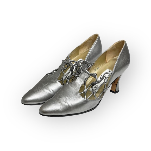 Vintage: Evan Picone ♚ Lattice Mary Janes Heels Pumps ♚ Metallic Silver Leather - Picture 7 of 16